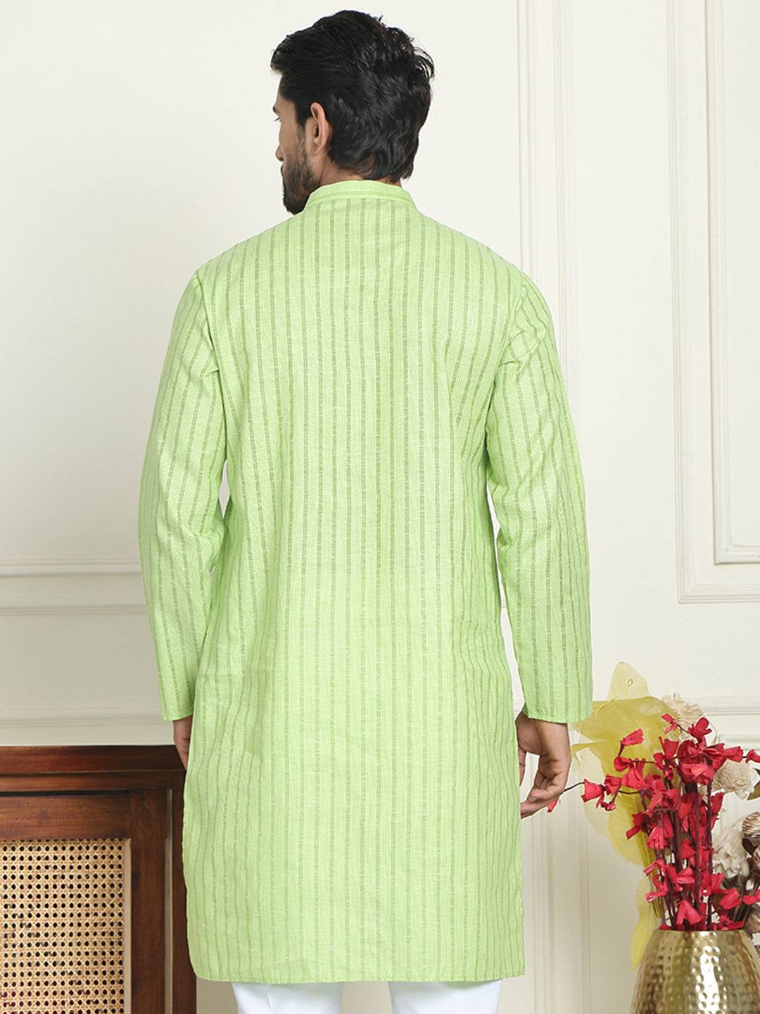 Men's Cotton Striped Kurtas ( KO 5207 Green )