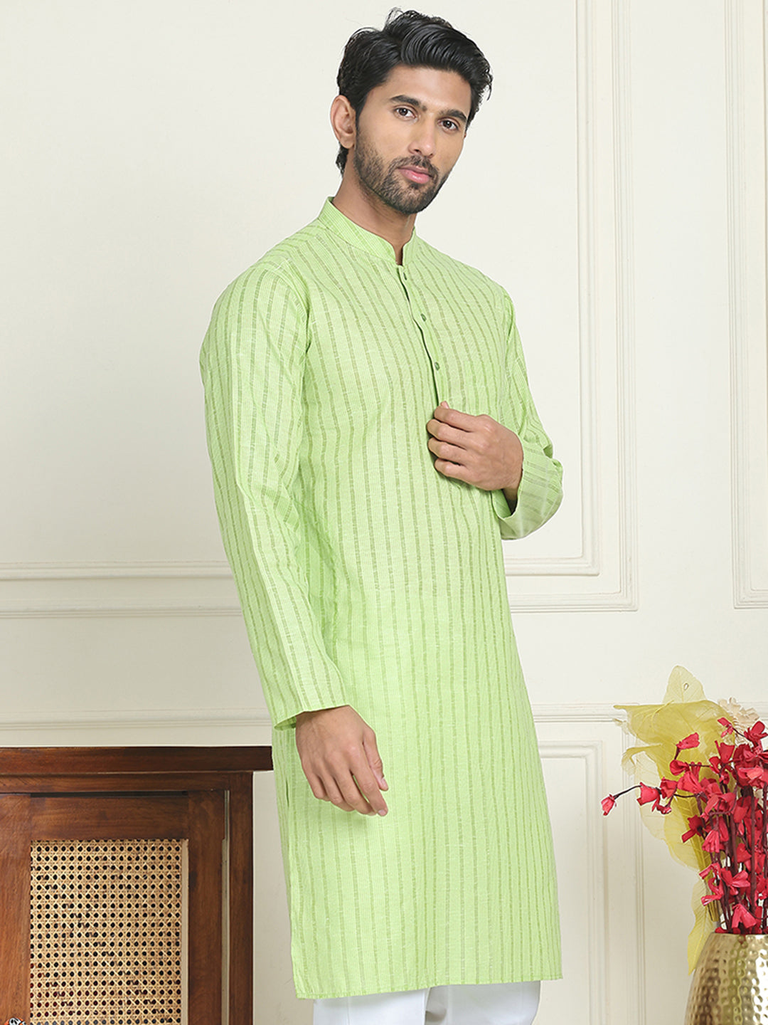 Men's Cotton Striped Kurtas ( KO 5207 Green )