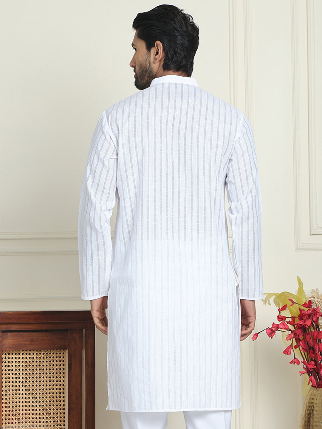 Men's Cotton Striped Kurtas ( KO 5207 White )