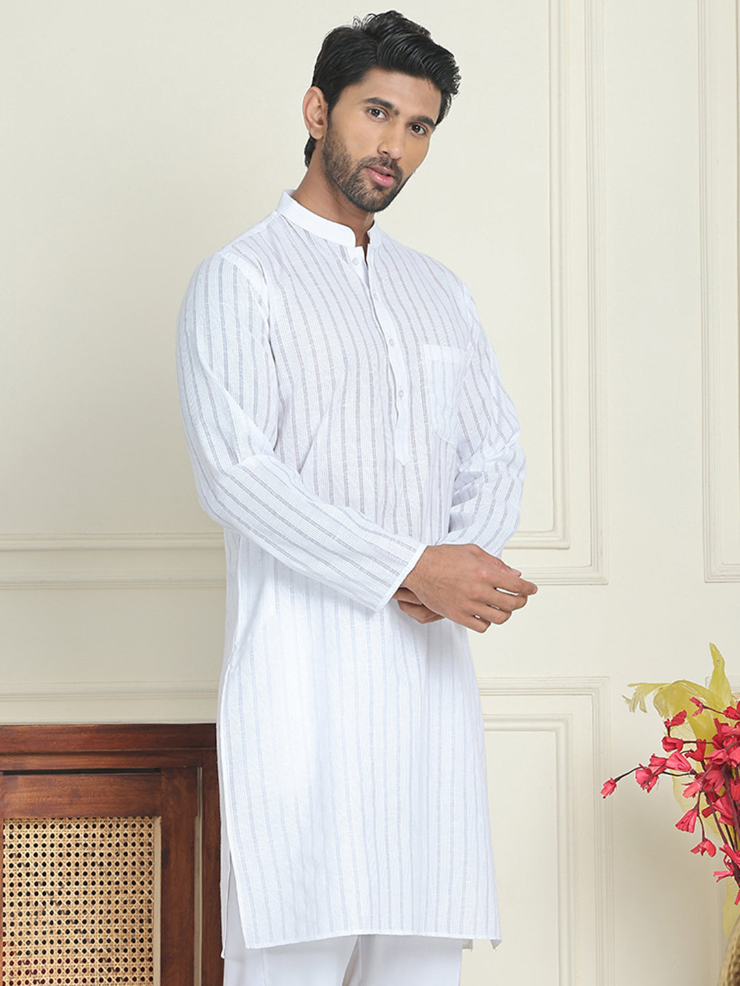 Men's Cotton Striped Kurtas ( KO 5207 White )