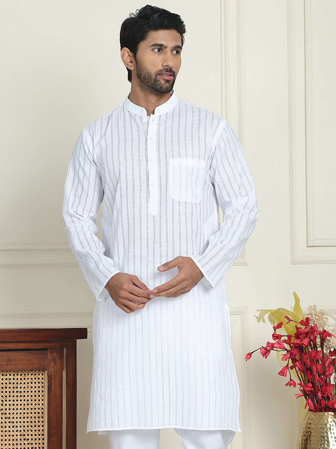 Men's Cotton Striped Kurtas ( KO 5207 White )