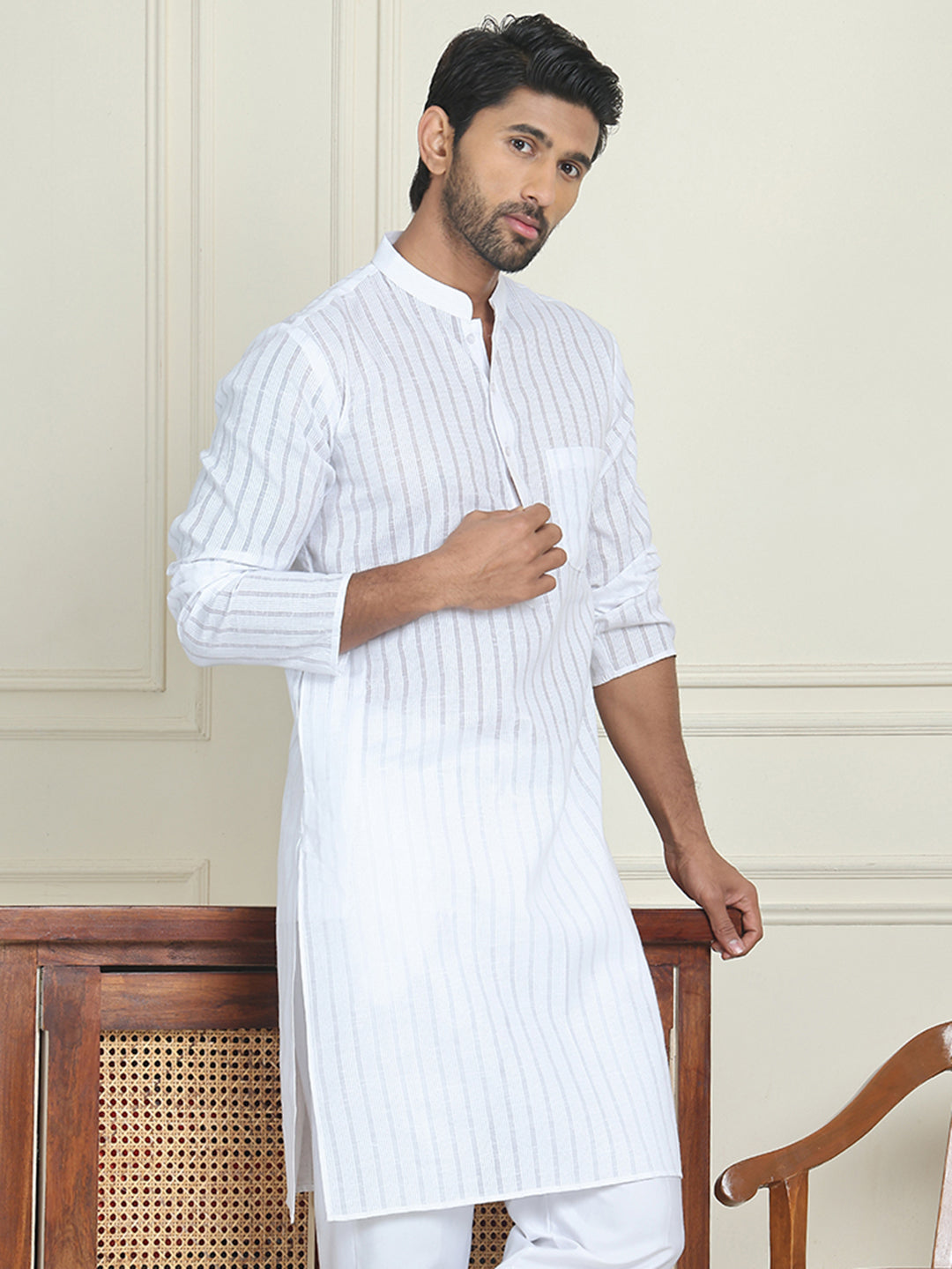Men's Cotton Striped Kurtas ( KO 5207 White )