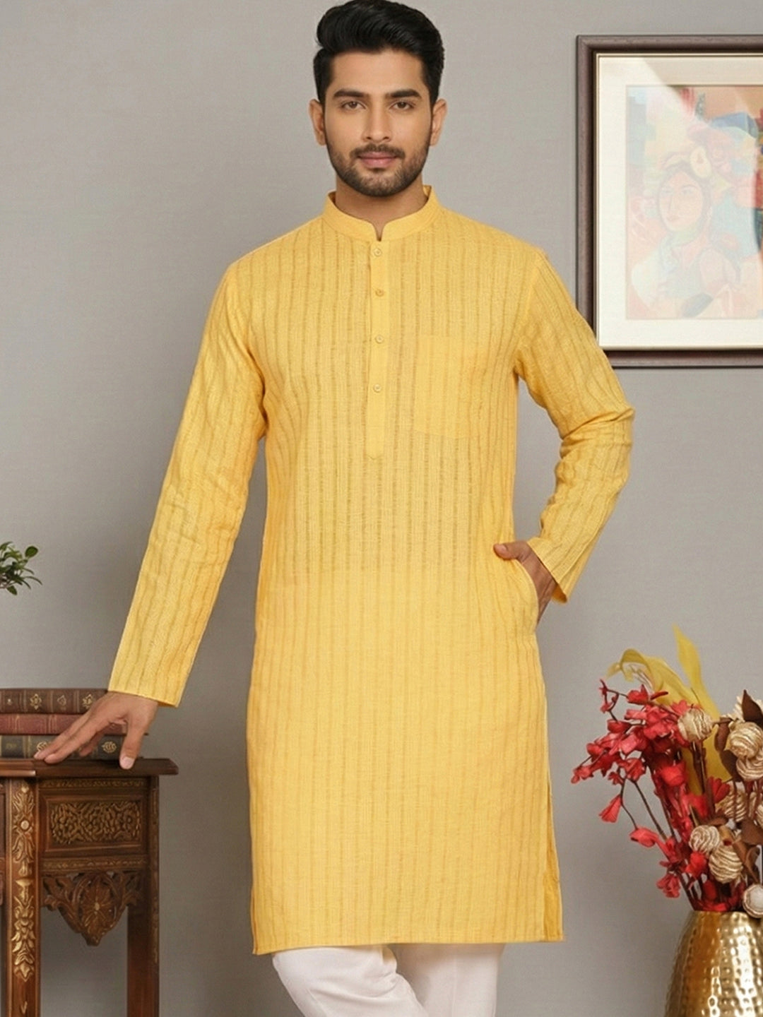 Men's Cotton Blend Striped Kurta ( ANMKO 5207Yellow )