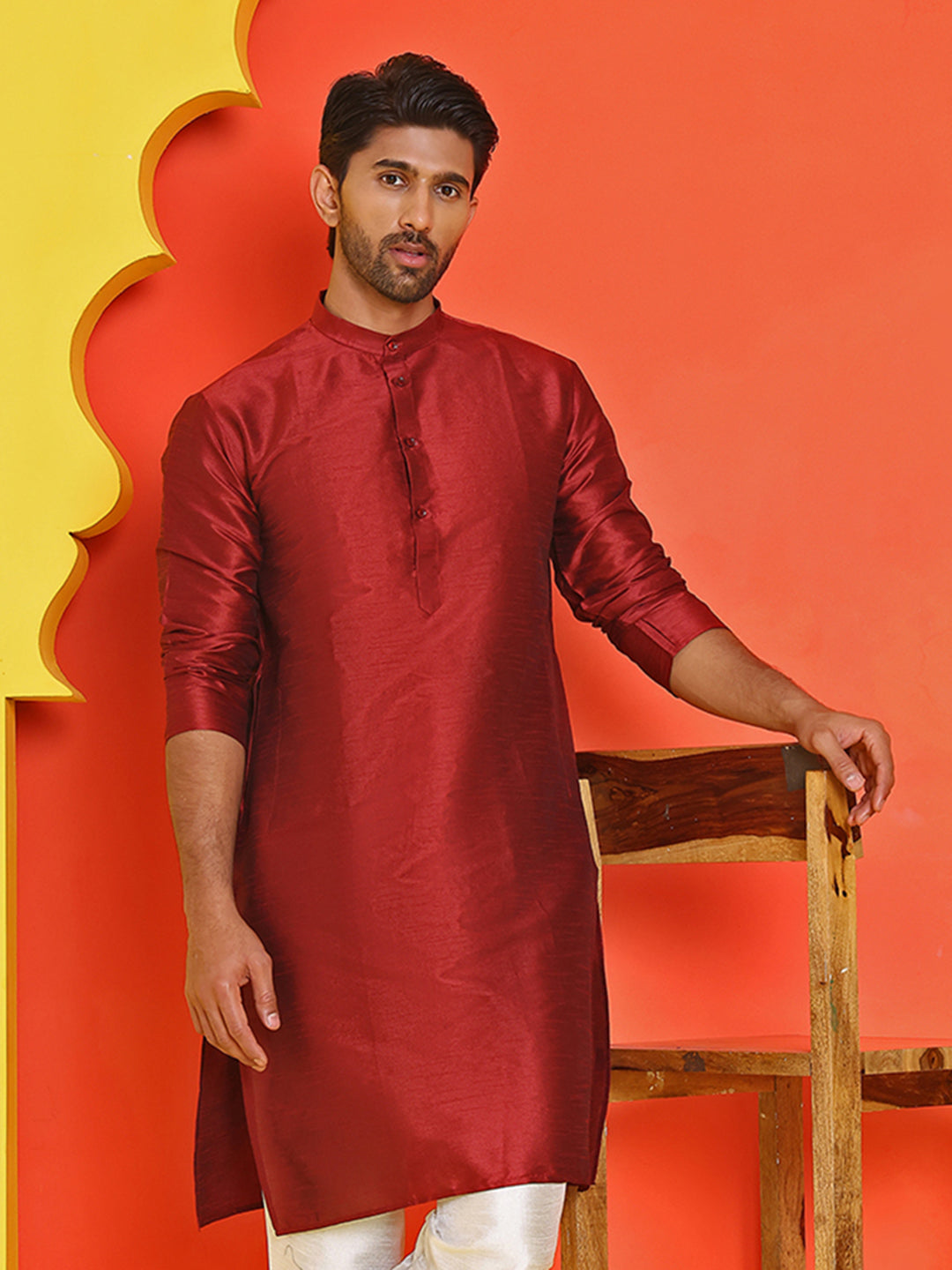 Solid Dupion Silk Kurtas for Men ( KO 5209 Maroon )