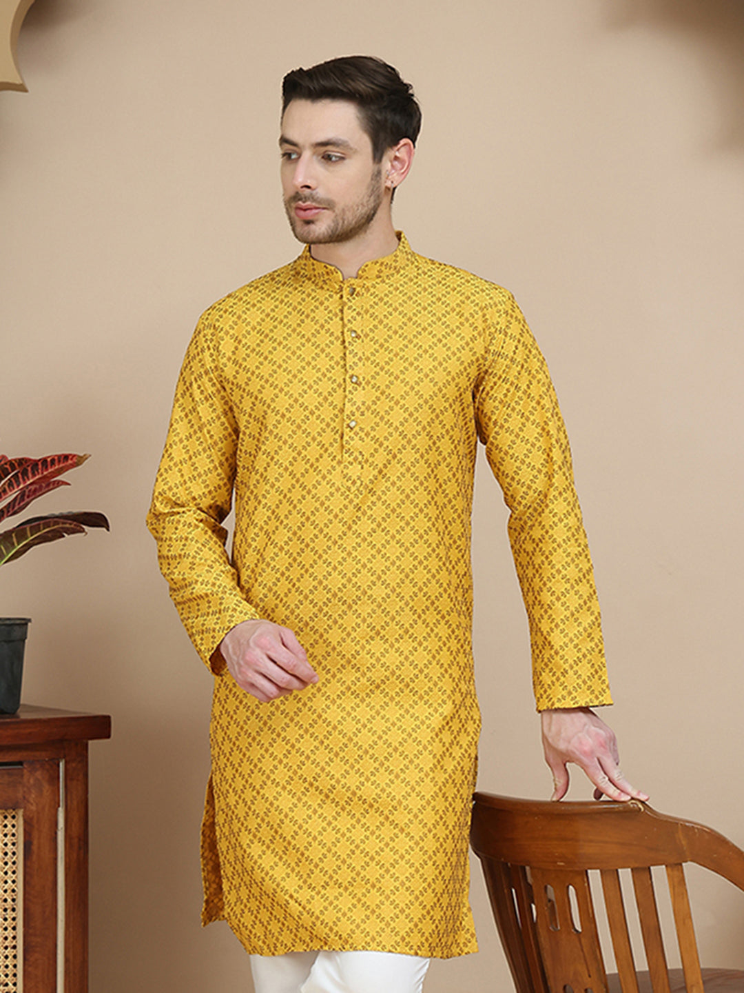 Jacquard Silk Straight Kurtas ( KO 5211 Mustard )