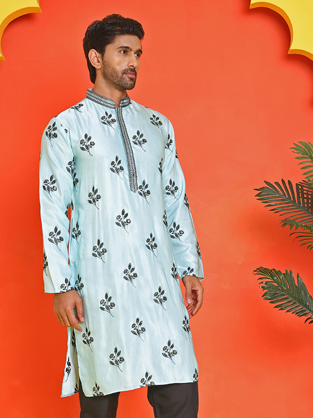 Chikankari Embroidered Kurtas For Men ( KO 5213 Sky )