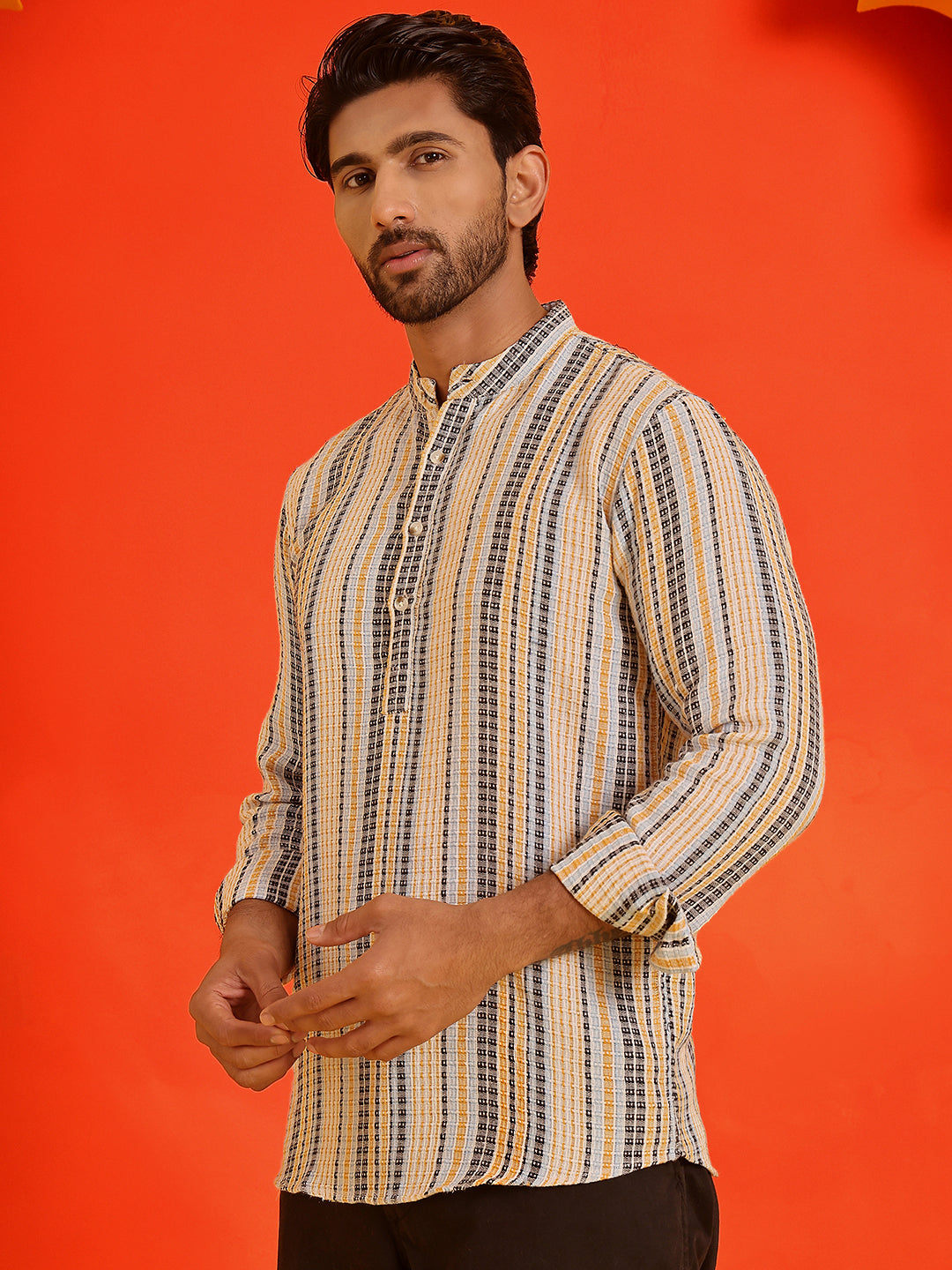 Striped Cotton short Kurtas ( KO 5214 Yellow )