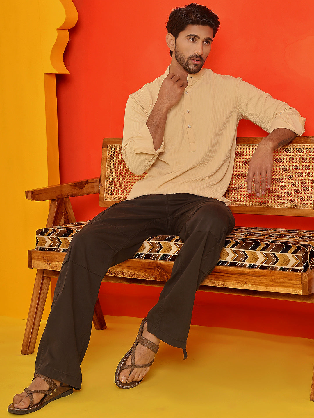 Solid Cotton Blend Short Kurta ( KO 5215 Beige )