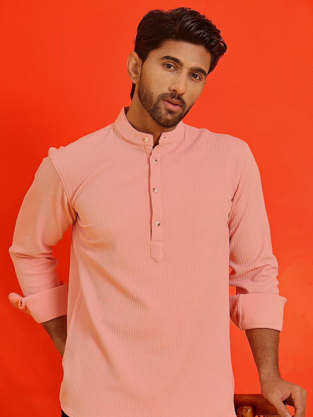 Solid Cotton Blend Short Kurta ( KO 5215 Peach )