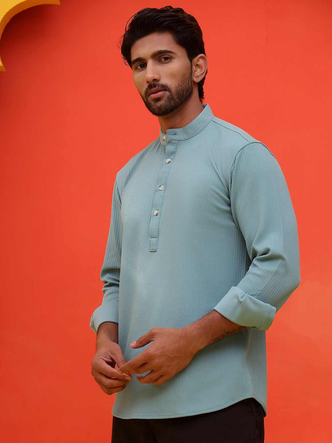 Solid Cotton Blend Short Kurta ( KO 5215 Sky )