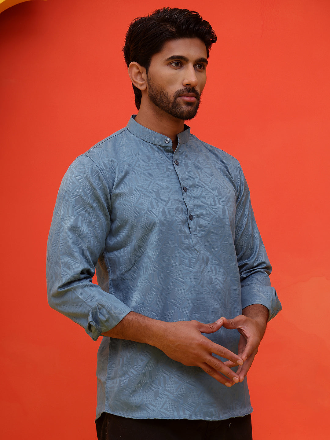 Woven Design Short Kurta for Men ( KO 5216 Blue )