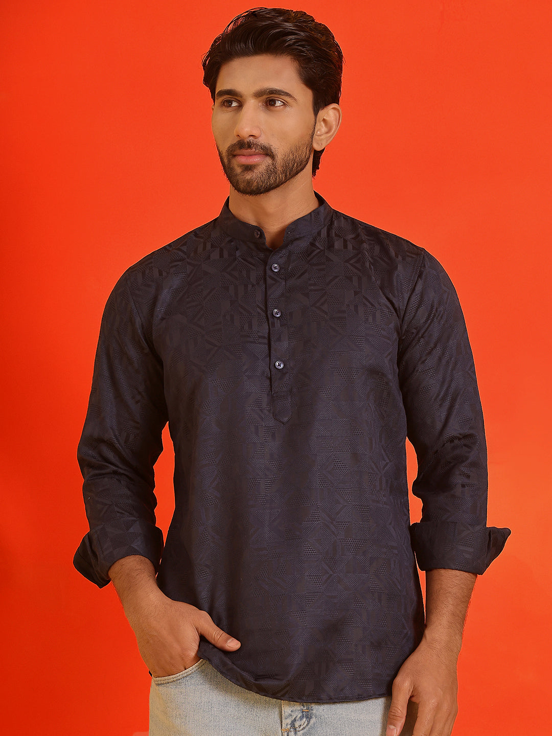 Woven Design Short Kurta for Men ( KO 5216 Navy )