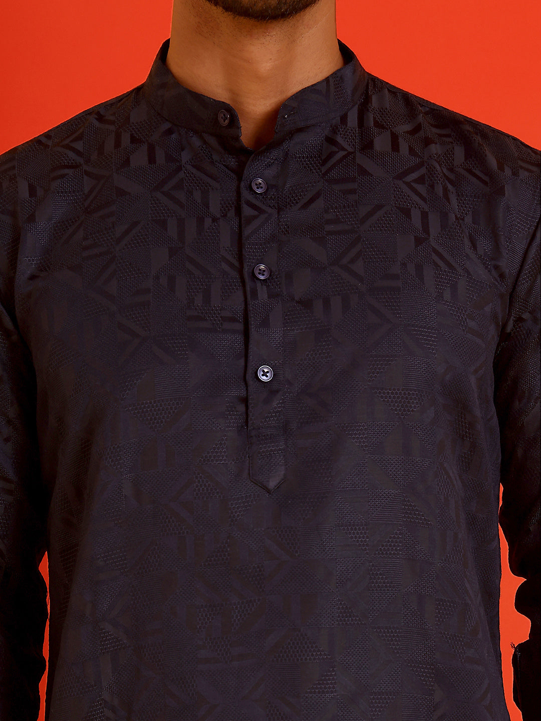 Woven Design Short Kurta for Men ( KO 5216 Navy )