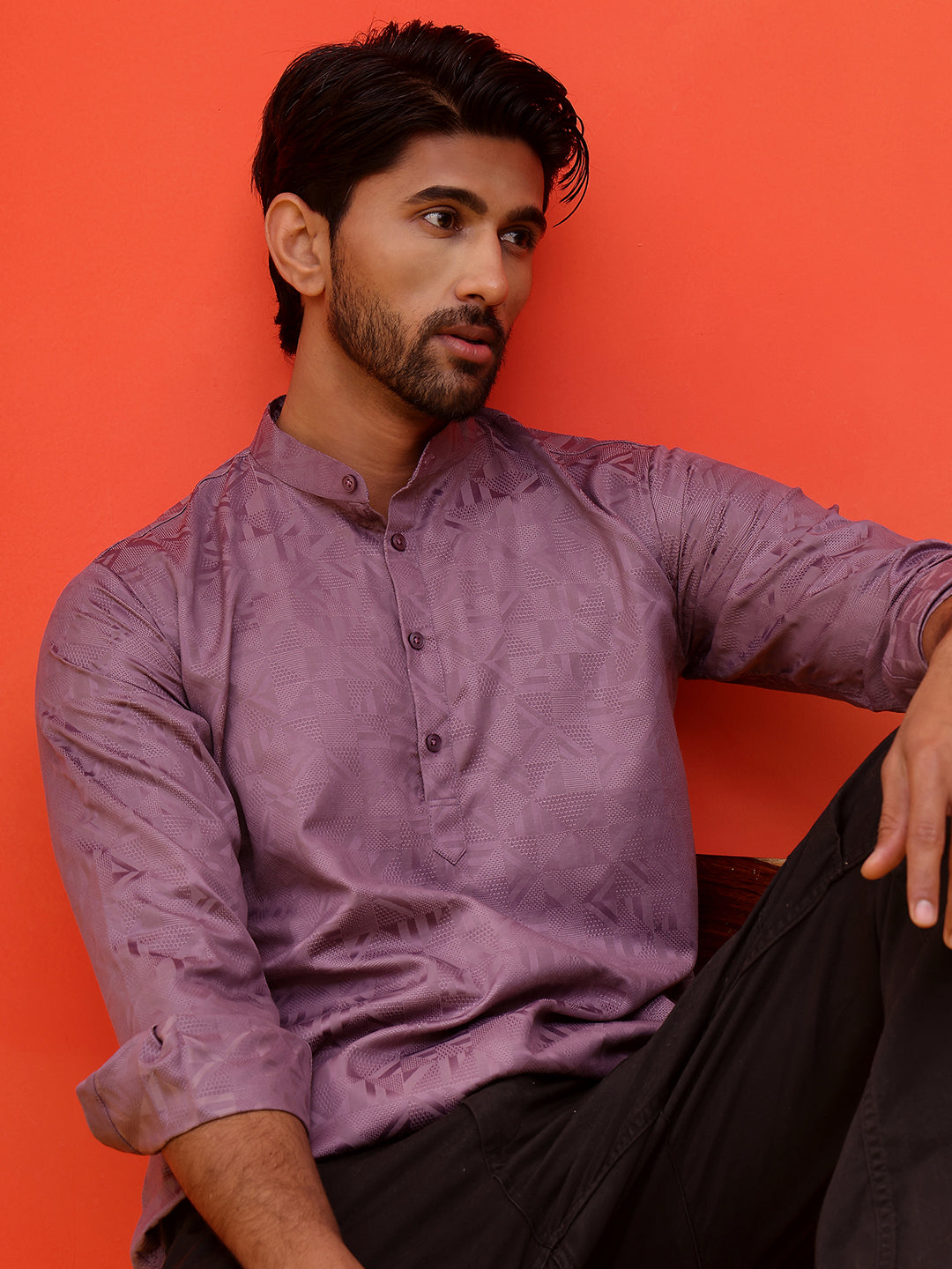 Woven Design Short Kurta for Men ( KO 5216 Purple )