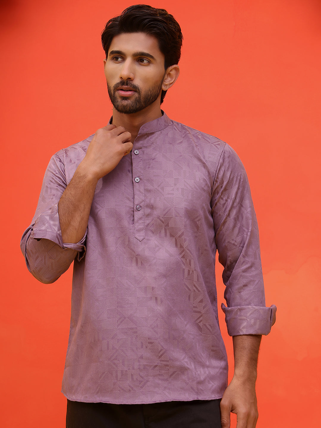Woven Design Short Kurta for Men ( KO 5216 Purple )