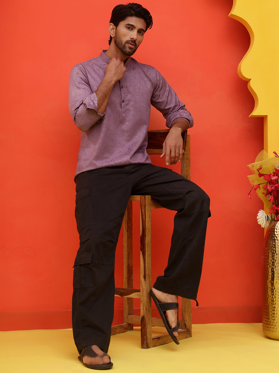 Woven Design Short Kurta for Men ( KO 5216 Purple )