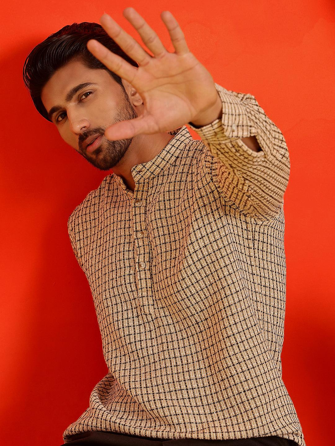 Checked Cotton short Kurtas ( KO 5217 Beige )