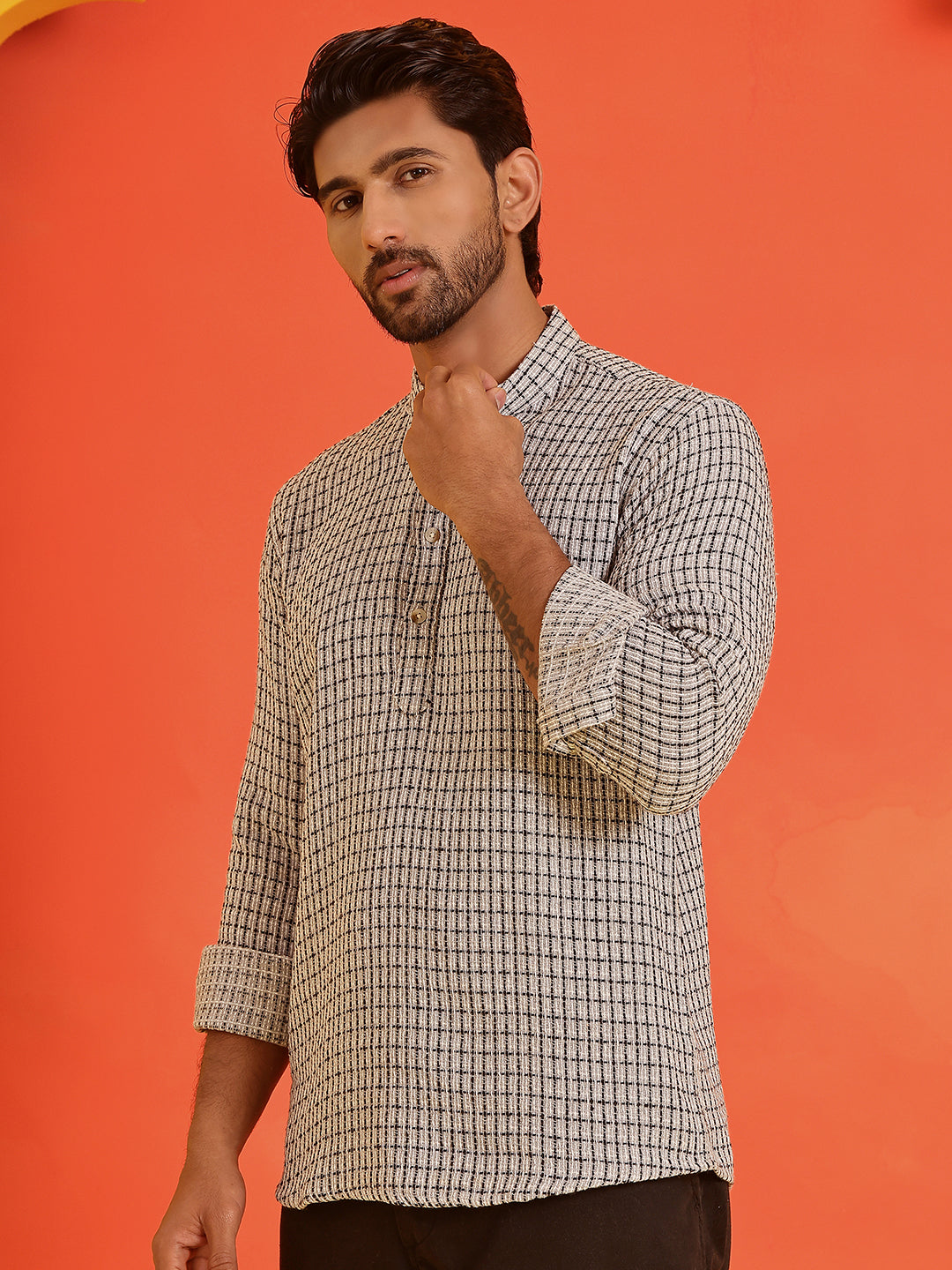 Checked Cotton short Kurtas ( KO 5217 Grey )
