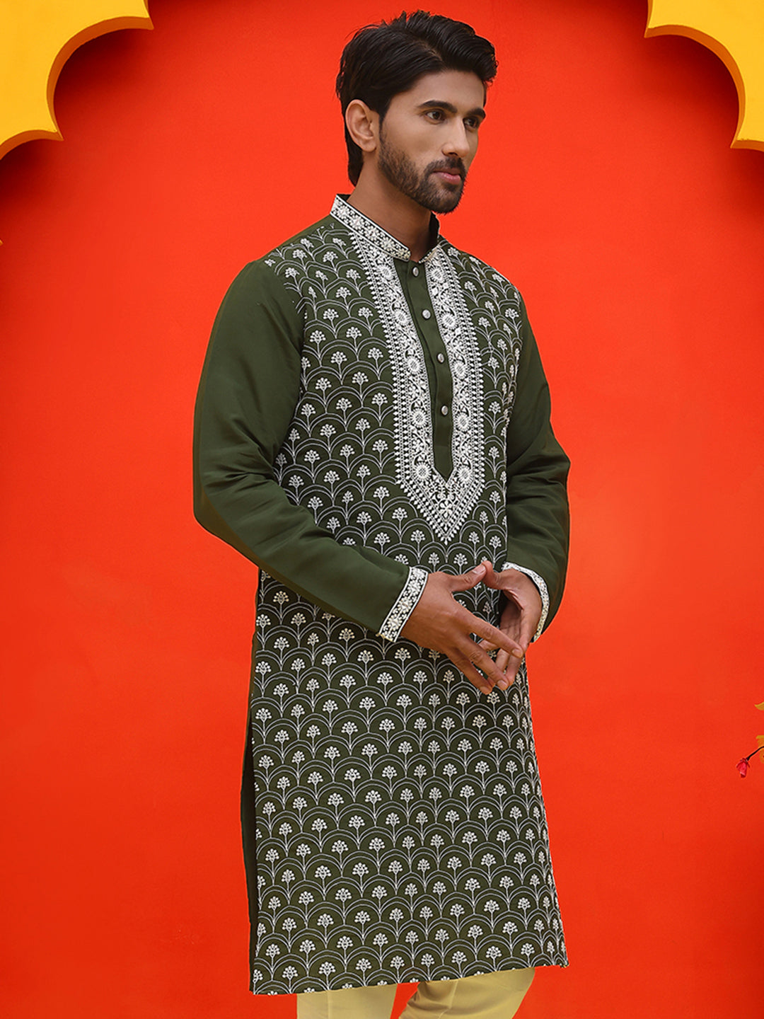 Embroidered Kurtas For Men ( KO 5220 Olive )