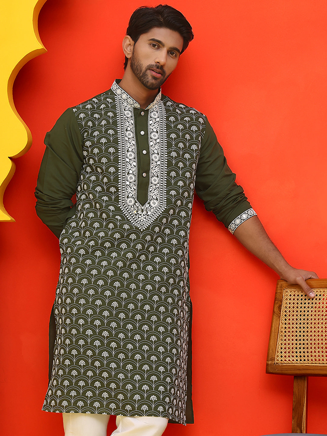 Embroidered Kurtas For Men ( KO 5220 Olive )