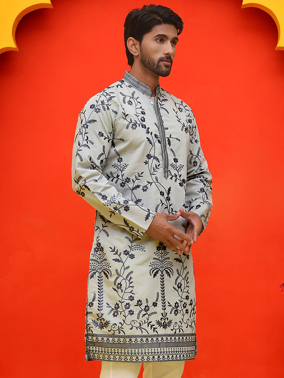 Chikankari Embroidered Kurtas For Men ( KO 5221 Grey )