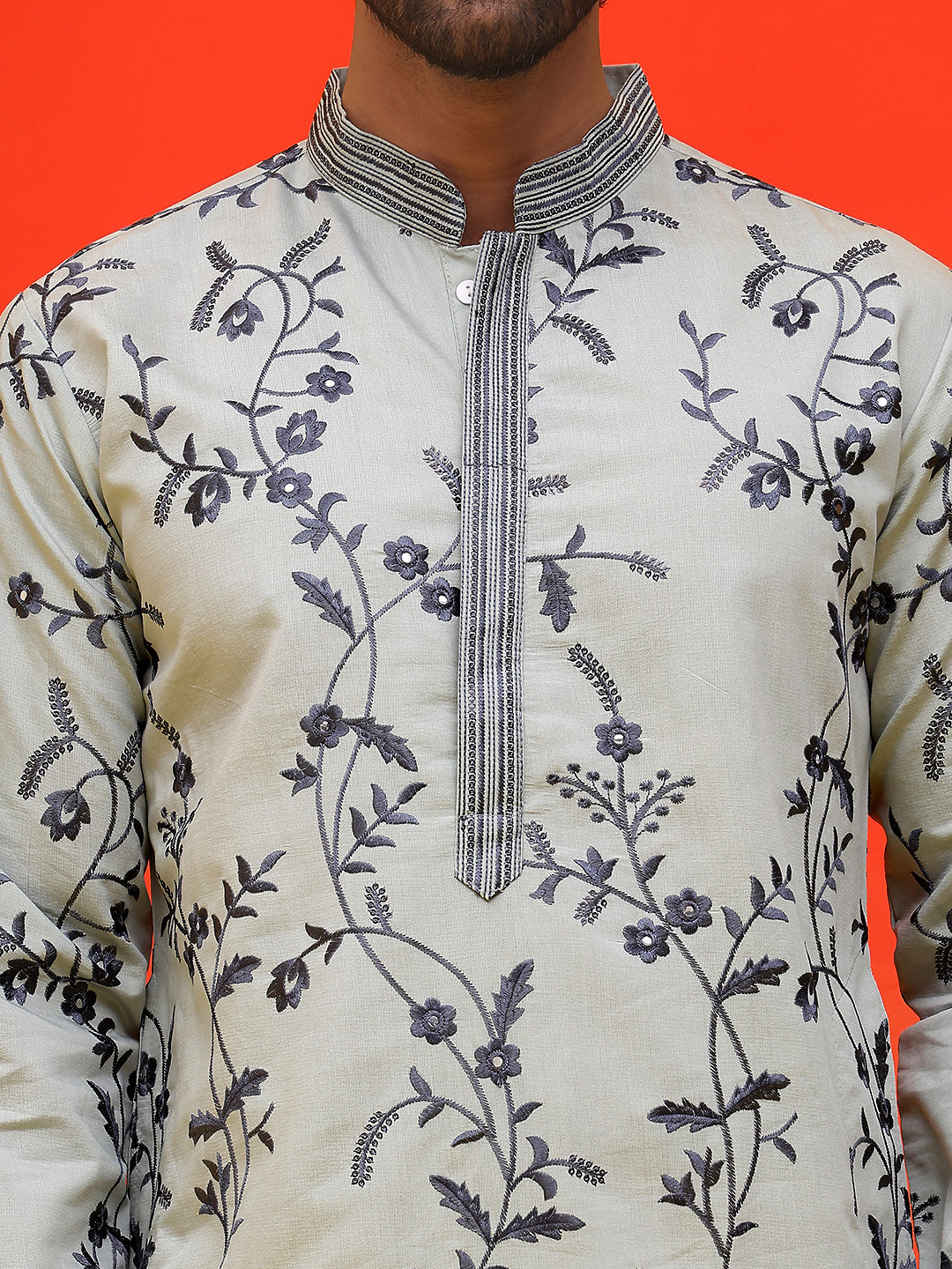 Chikankari Embroidered Kurtas For Men ( KO 5221 Grey )
