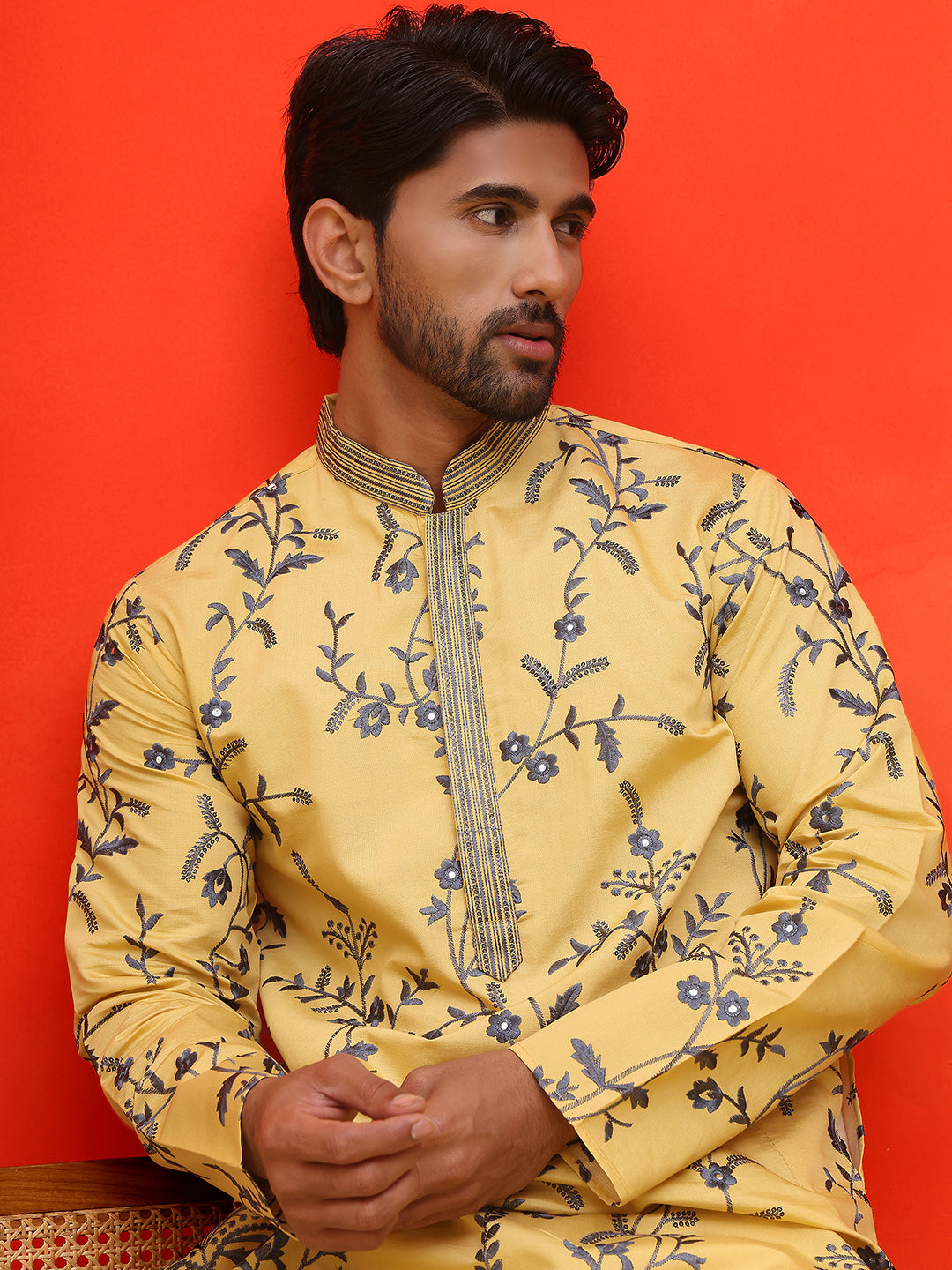 Chikankari Embroidered Kurtas For Men ( KO 5221 Yellow )