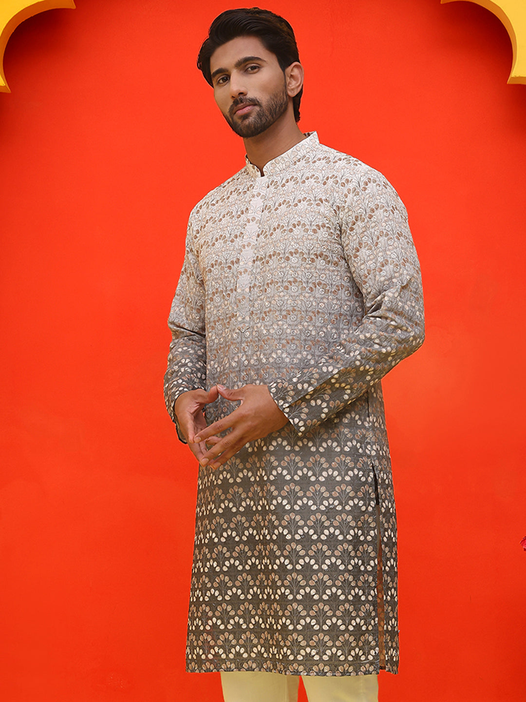 Ombre Printed & Embroidered Kurtas ( KO 5222 Grey )