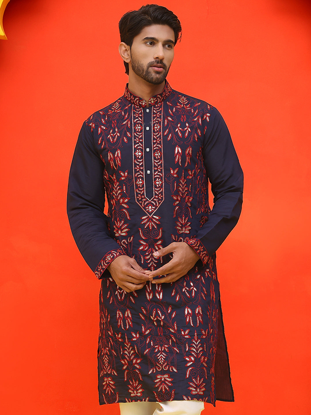 Embroidered & Sequins Kurtas For Men ( KO 5226 Navy )
