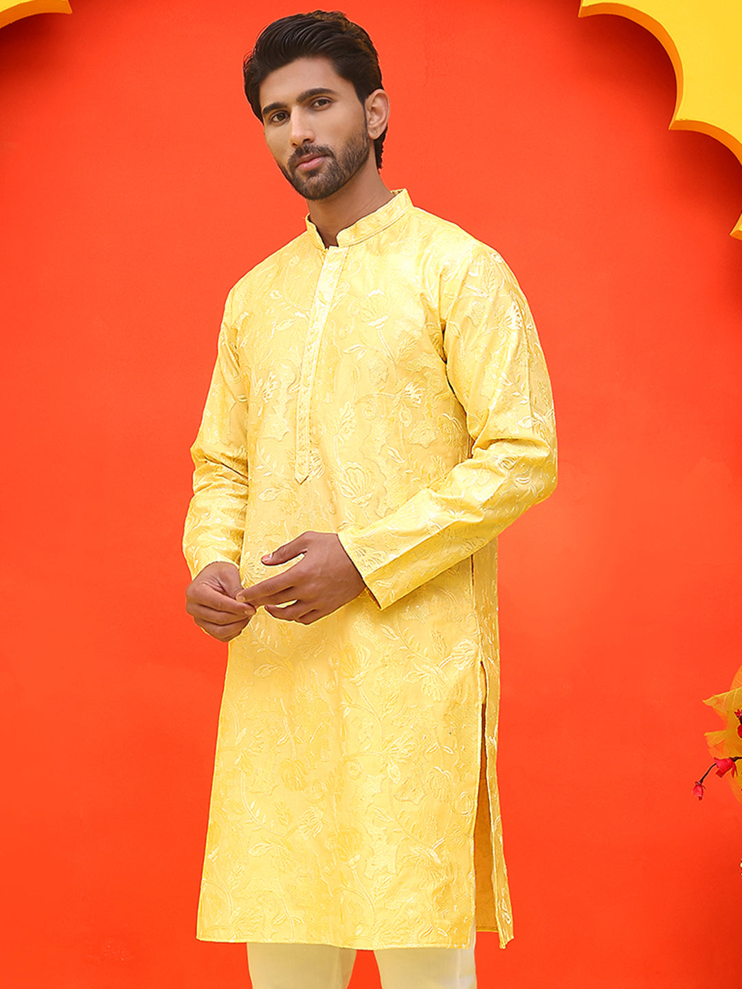 Embroidered Kurtas For Men ( KO 5228 Yellow )