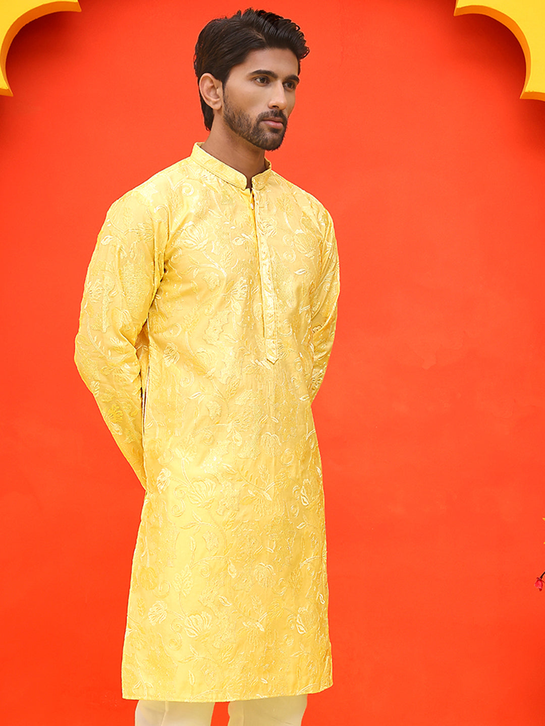 Embroidered Kurtas For Men ( KO 5228 Yellow )