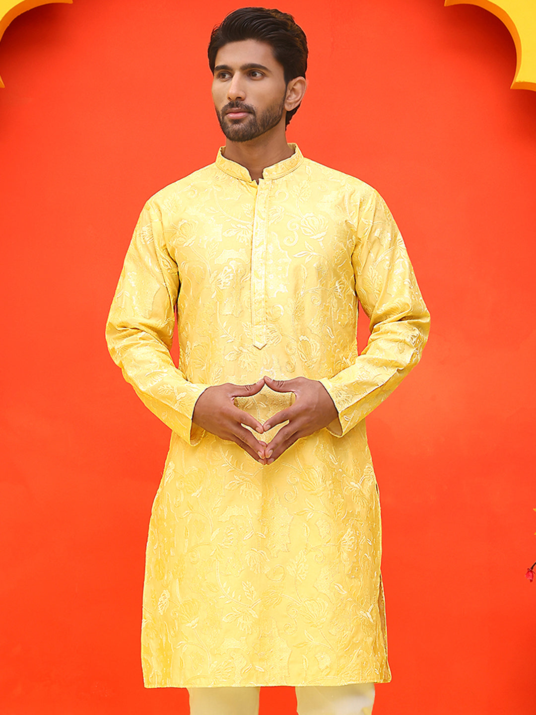 Embroidered Kurtas For Men ( KO 5228 Yellow )
