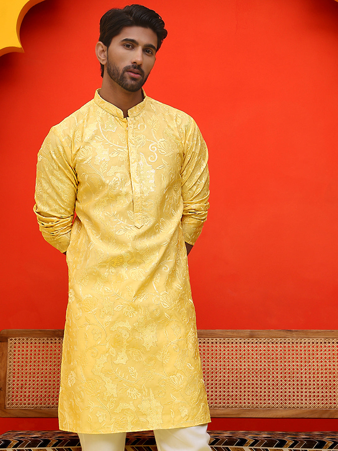 Embroidered Kurtas For Men ( KO 5228 Yellow )