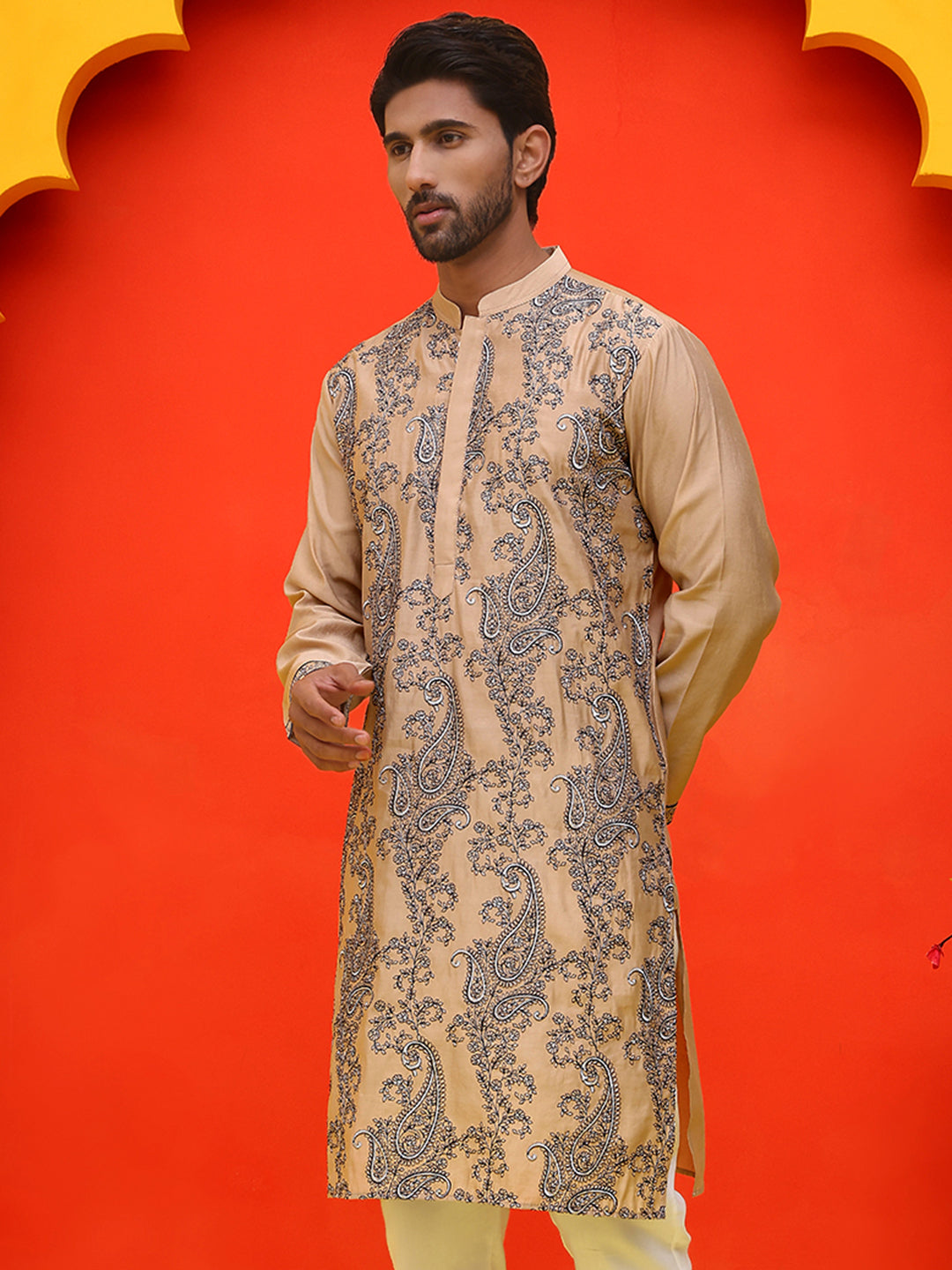 Embroidered & Sequins Kurtas For Men ( KO 5230 Beige )