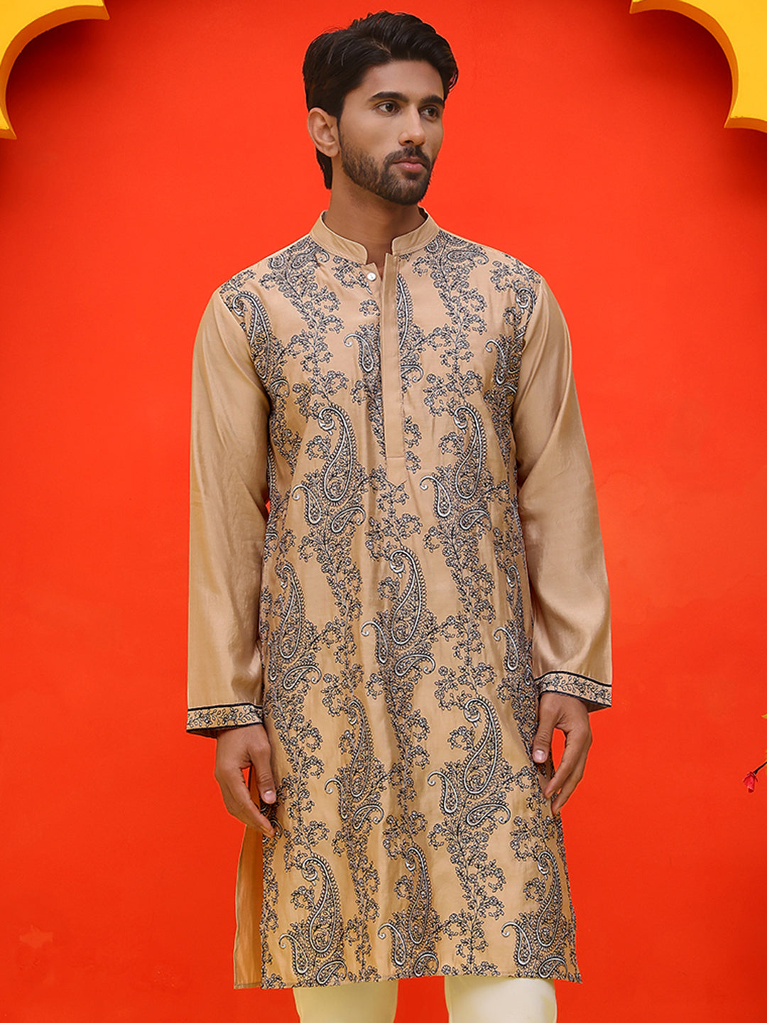 Embroidered & Sequins Kurtas For Men ( KO 5230 Beige )