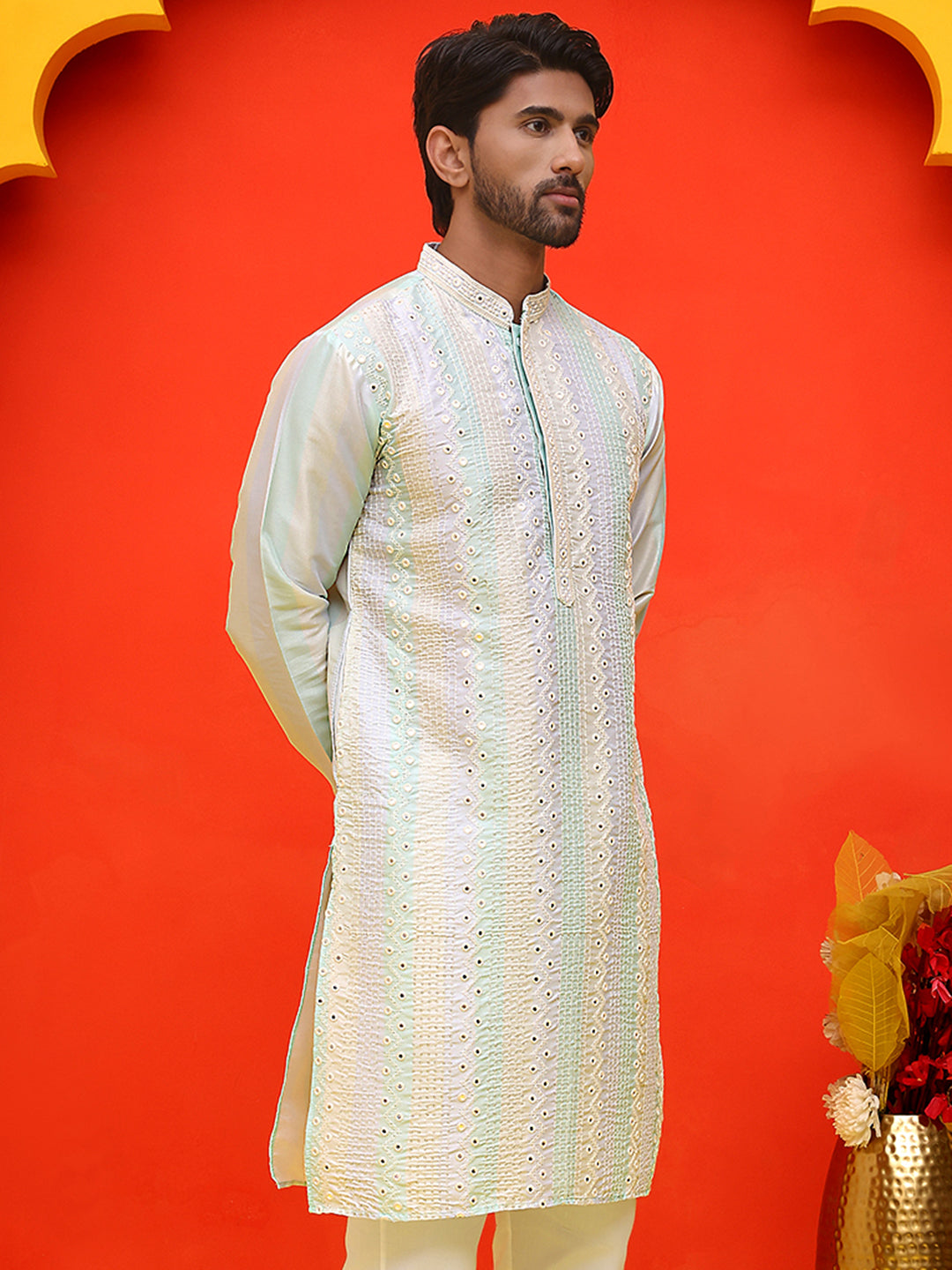 Embroidered and mirror work straight Kurtas For Men, ( KO 5231 Multi )