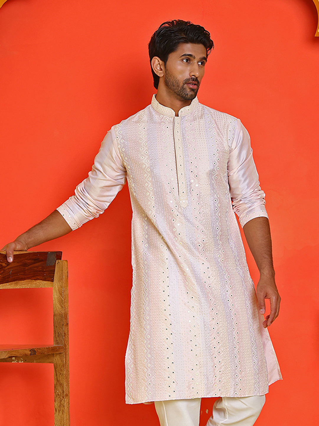 Embroidered and mirror work straight Kurtas For Men, ( KO 5231 Peach )