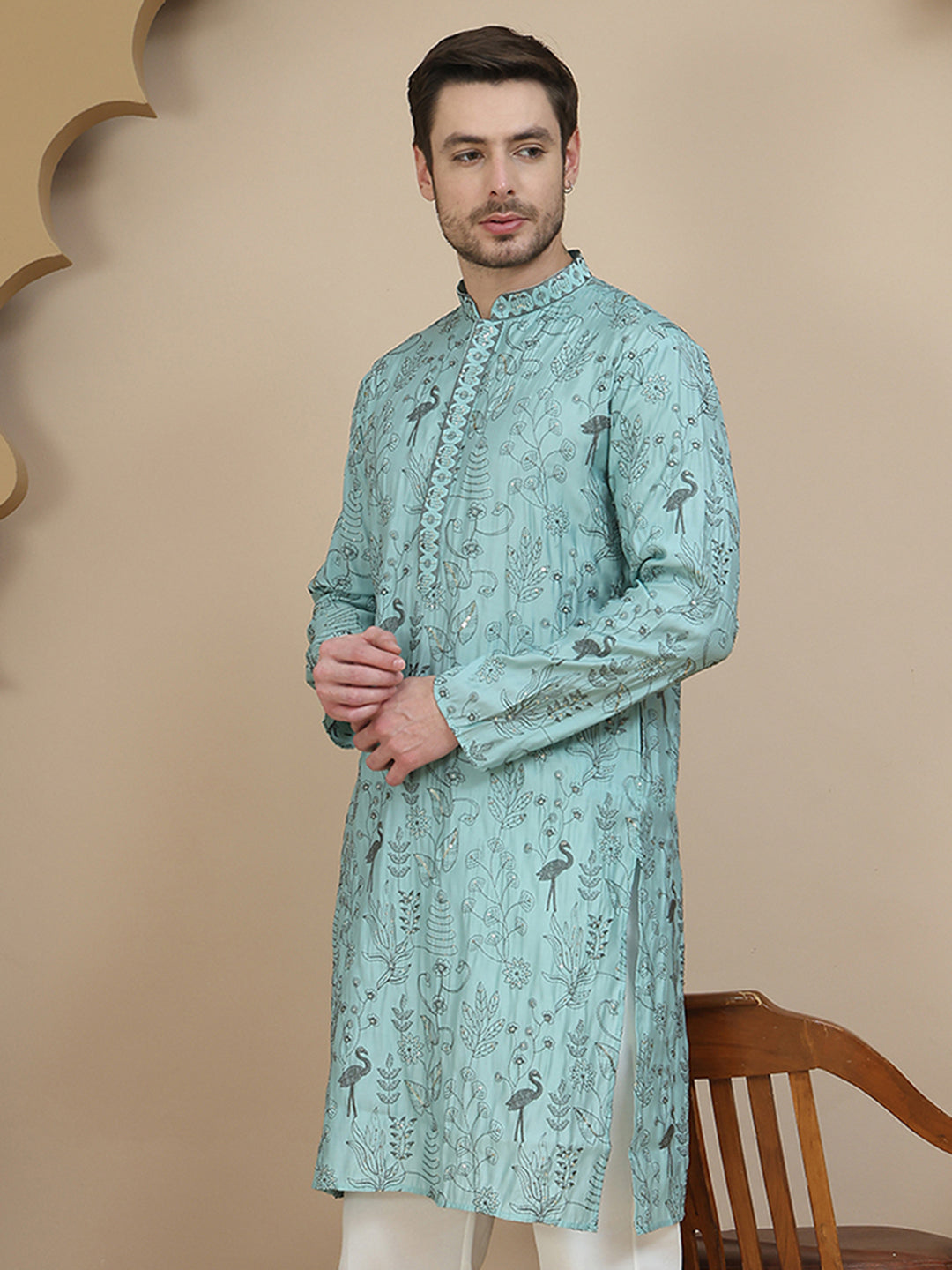 Embroidered Silk Blend Kurtas for Men ( KO 5246 Blue )