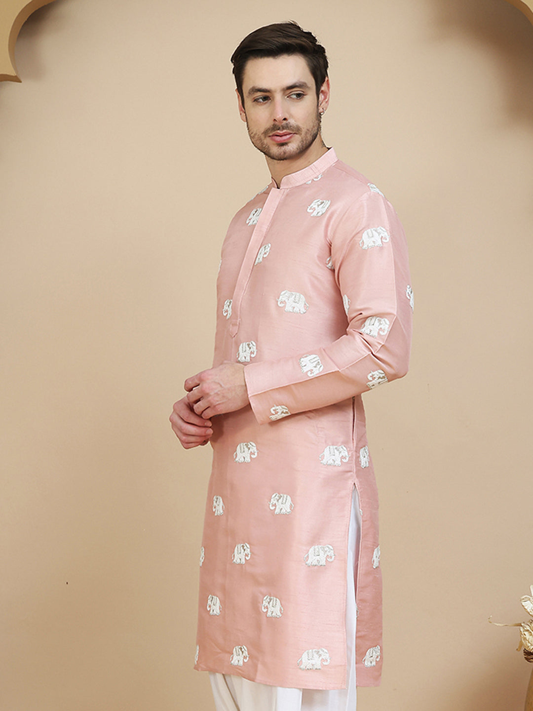 Elephant Embroidered Silk Blend Kurtas for Men ( KO 5247 Peach )