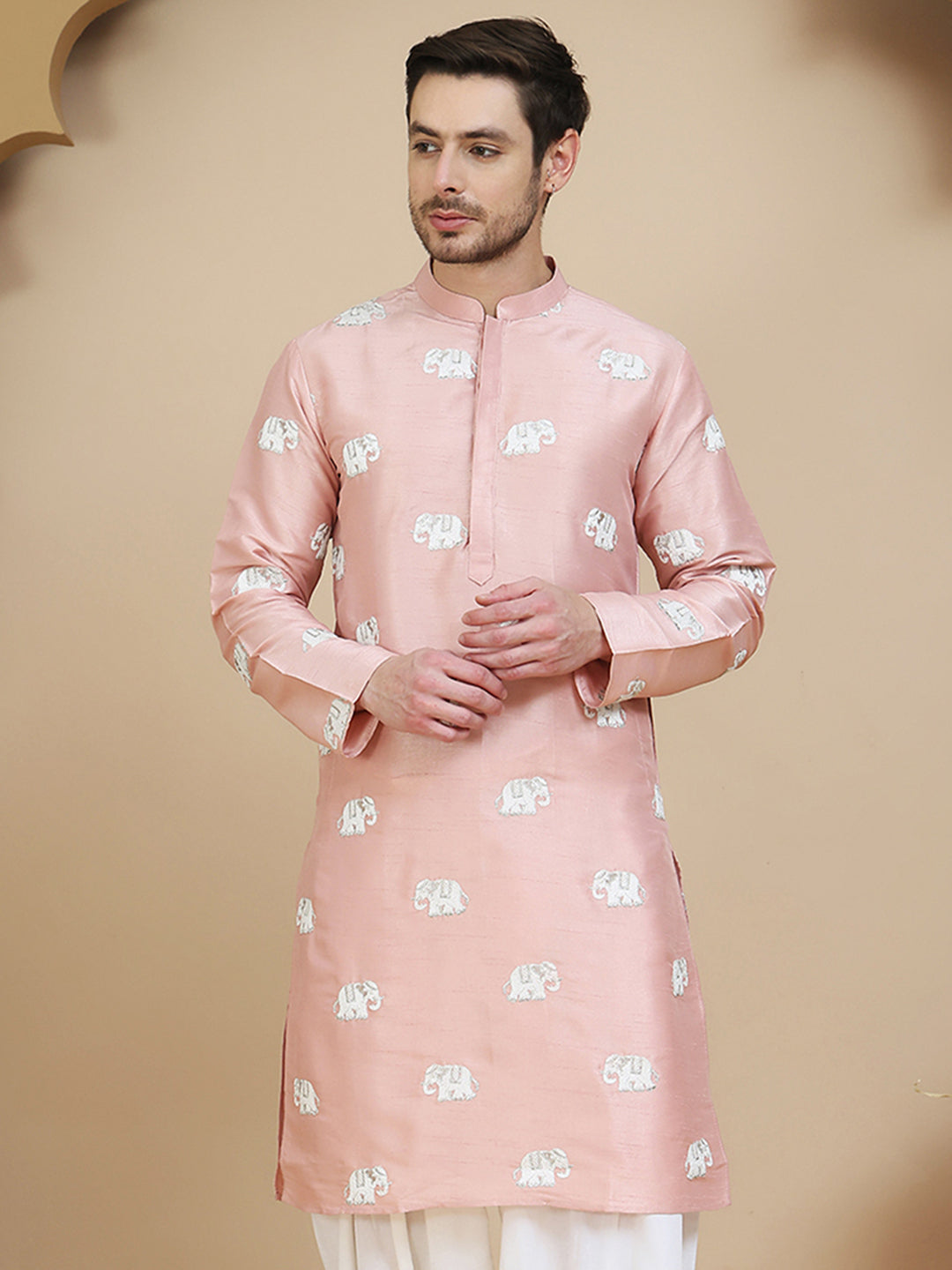 Elephant Embroidered Silk Blend Kurtas for Men ( KO 5247 Peach )