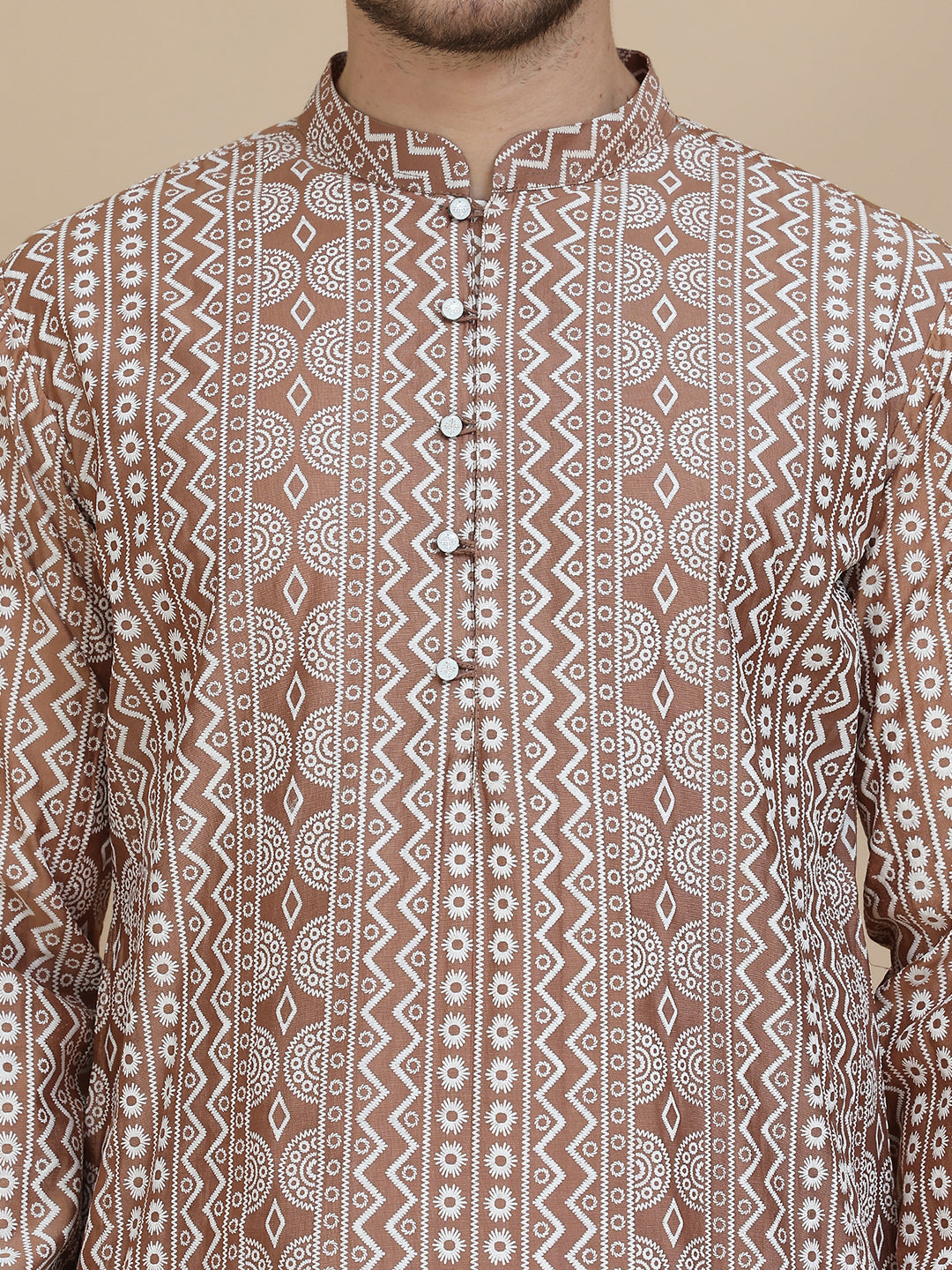 Geometric Print Silk Blend Straight Kurtas for Men ( KO 5250 Brown )