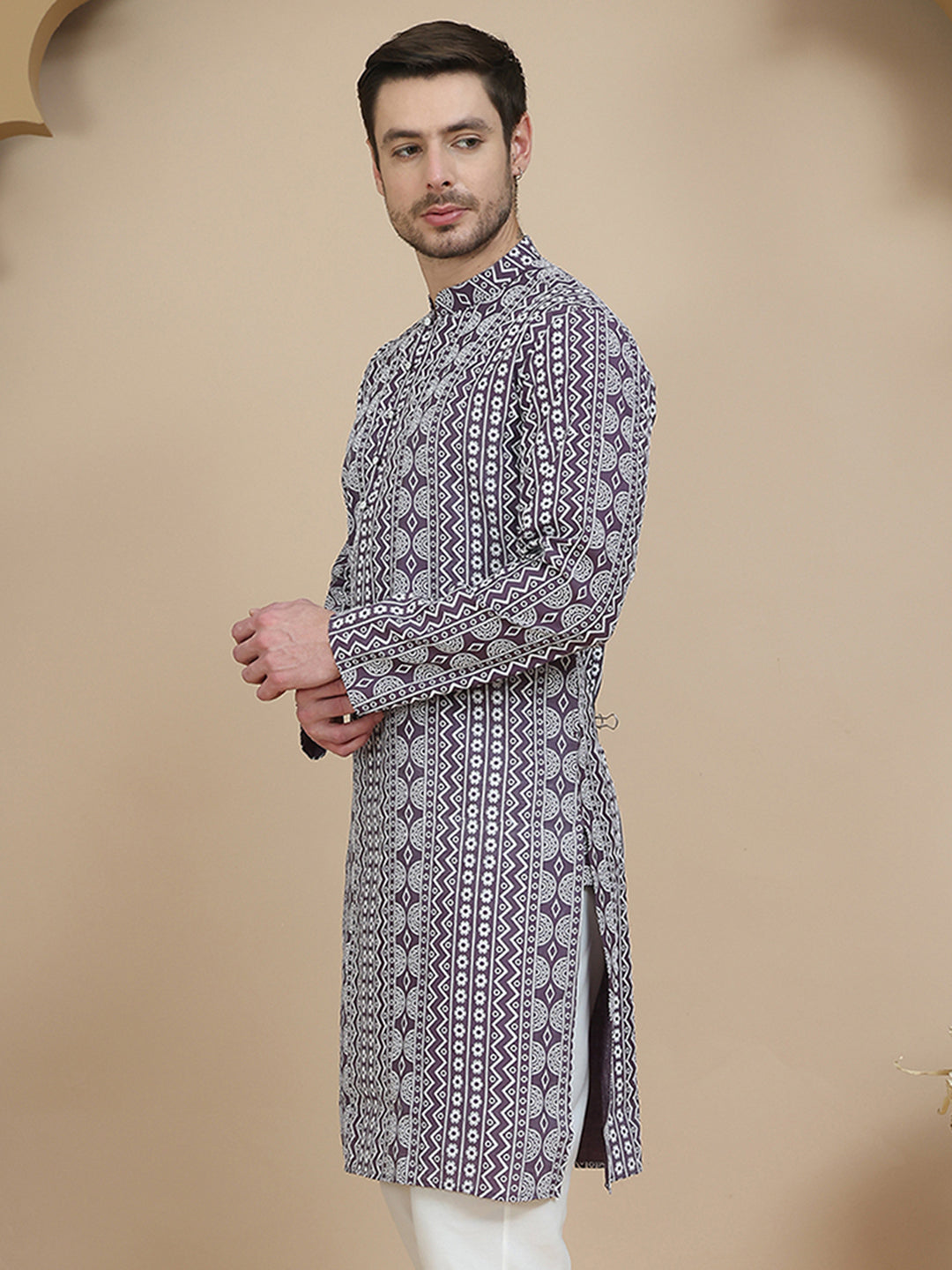 Geometric Print Silk Blend Straight Kurtas for Men ( KO 5250 Purple )
