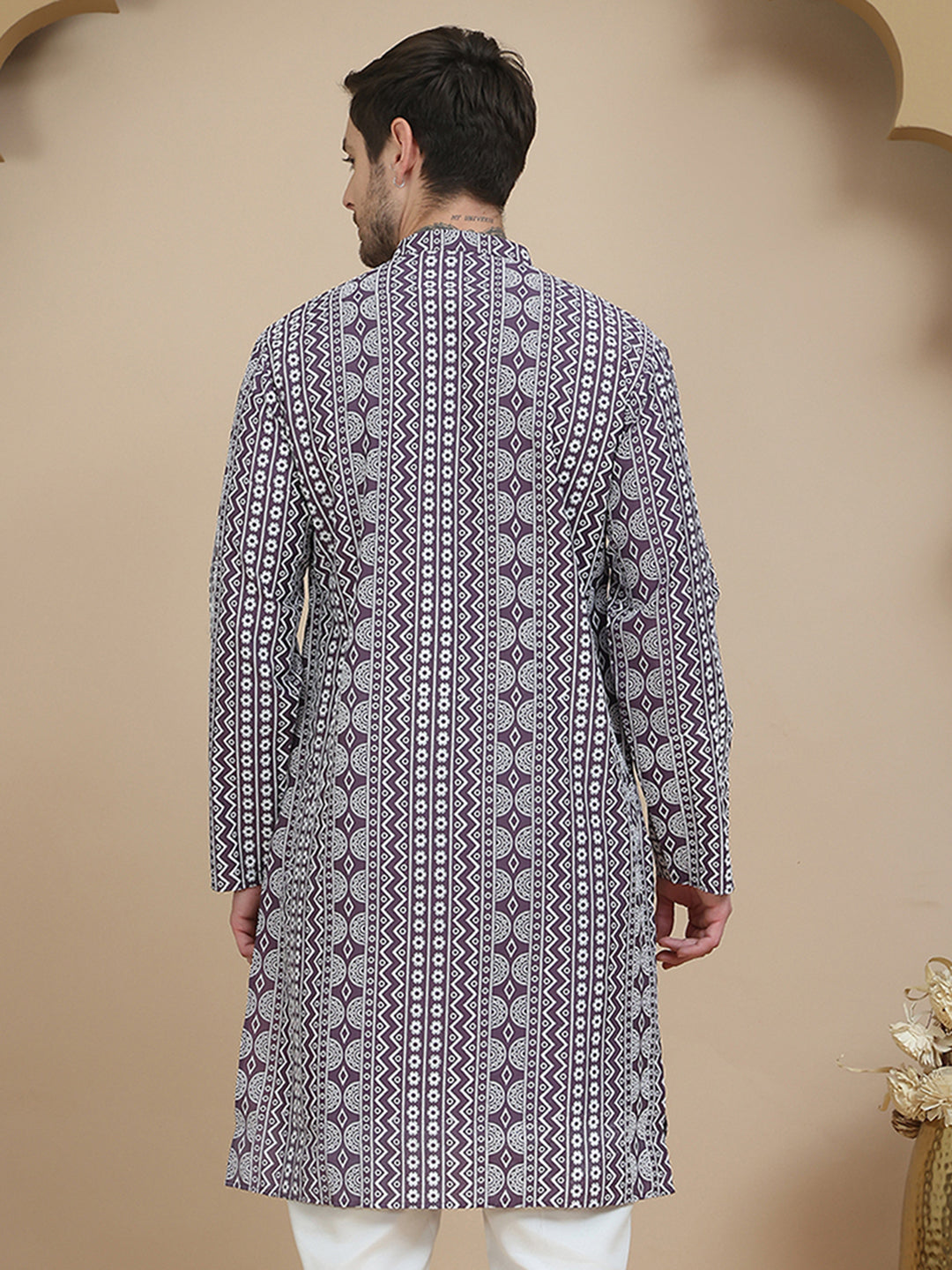Geometric Print Silk Blend Straight Kurtas for Men ( KO 5250 Purple )