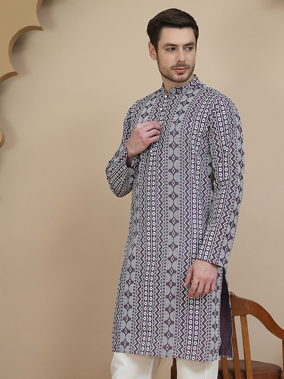 Geometric Print Silk Blend Straight Kurtas for Men ( KO 5250 Purple )