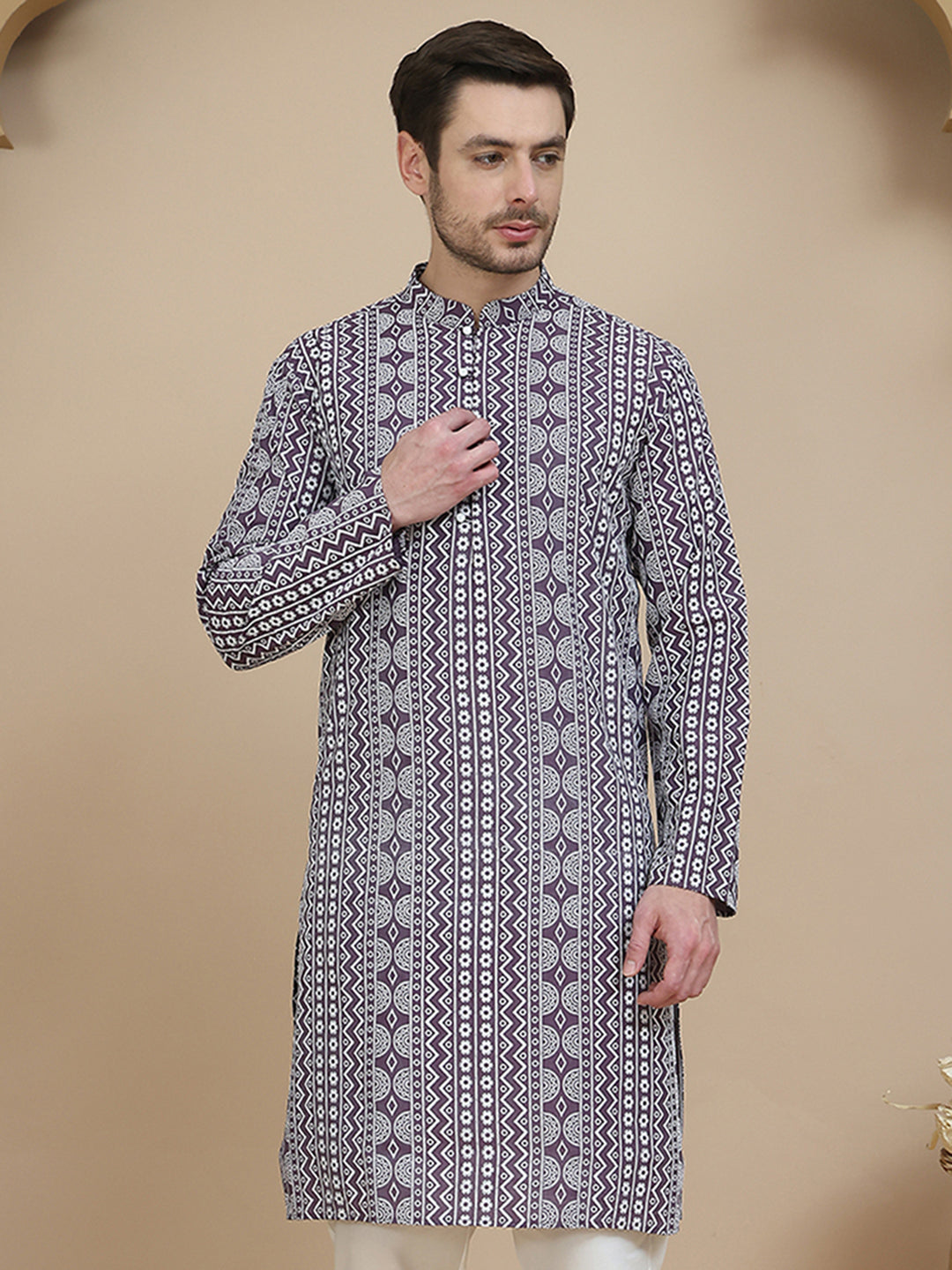 Geometric Print Silk Blend Straight Kurtas for Men ( KO 5250 Purple )
