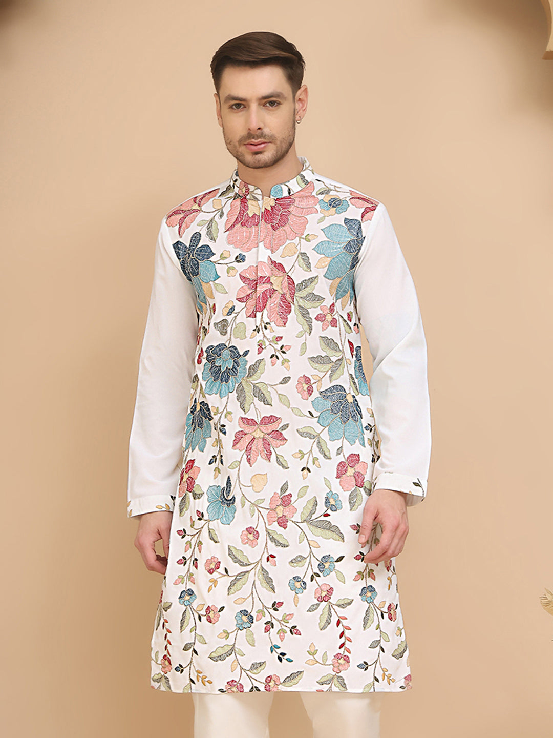 White Embroidered Kurta with Sequins & Zari Work ( KO 5255 White )