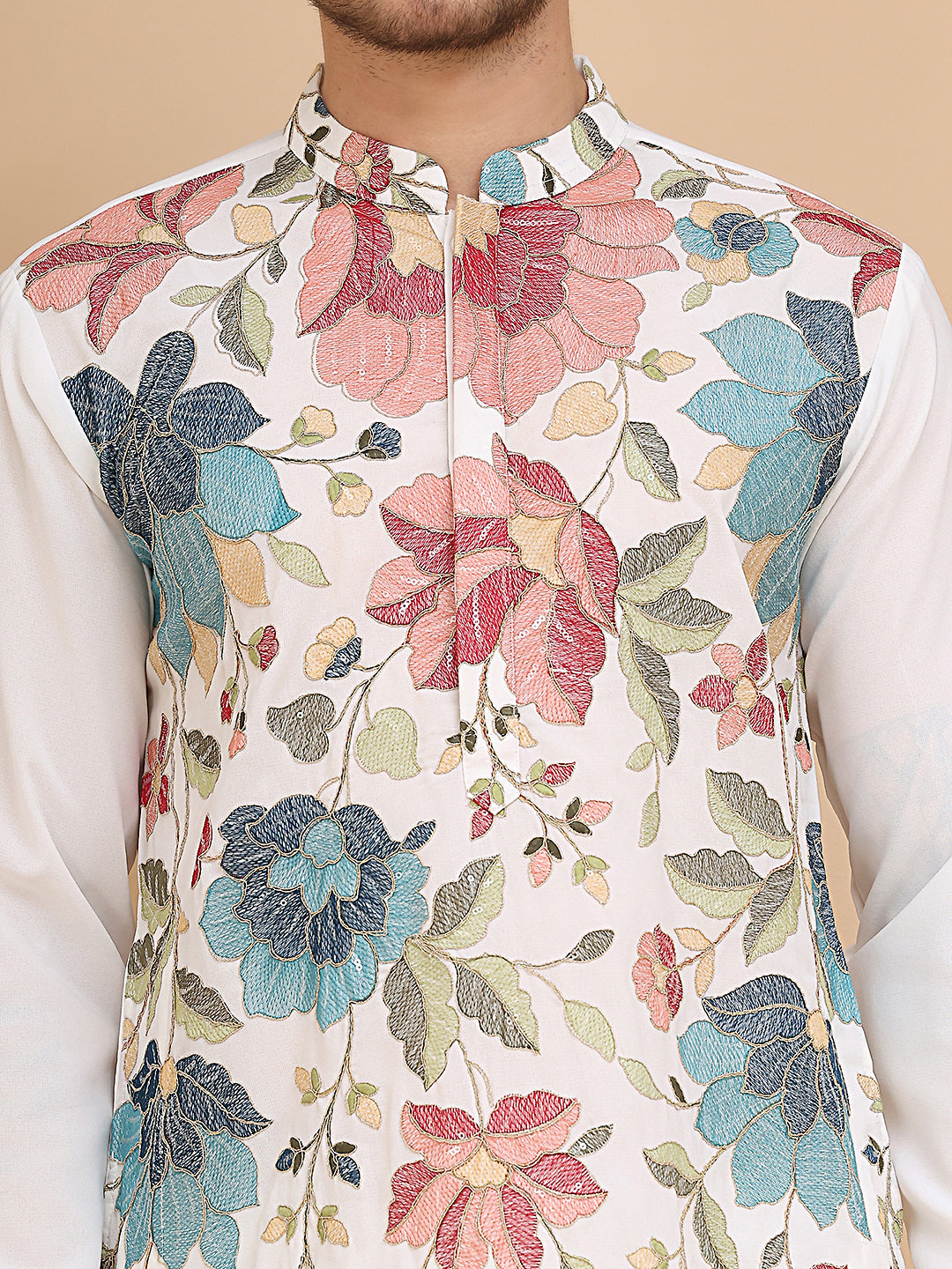 White Embroidered Kurta with Sequins & Zari Work ( KO 5255 White )