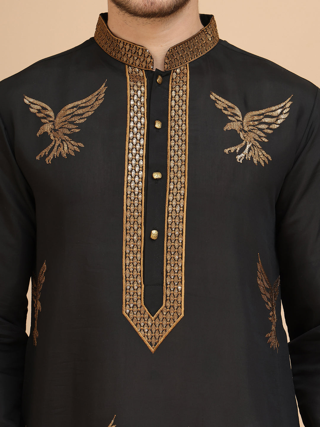 Silk Blend Kurtas with Golden Eagle Embroidery ( KO 5256 Black )