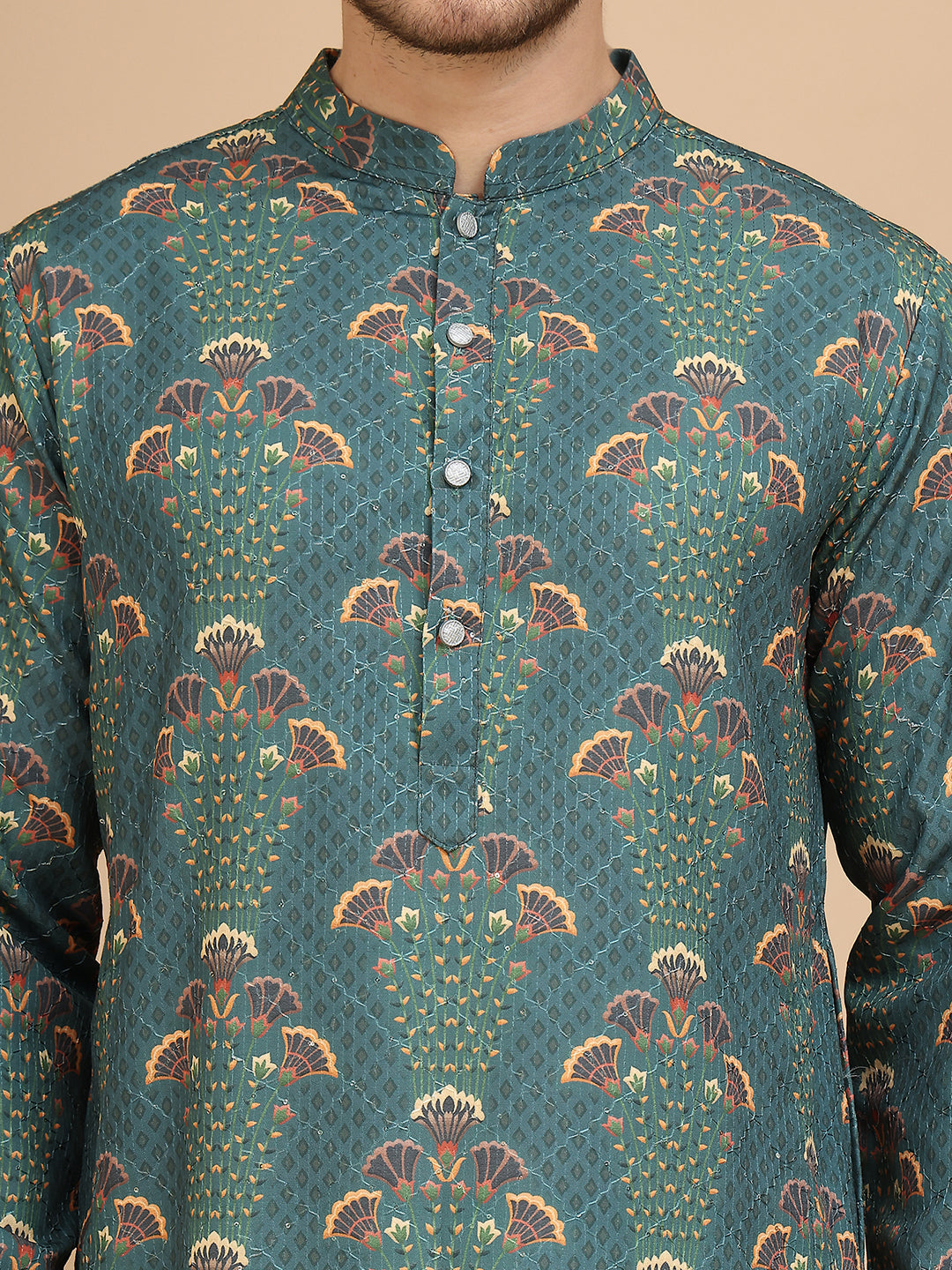 Printed Silk Blend Straight Kurtas for Men ( KO 5259 Green )
