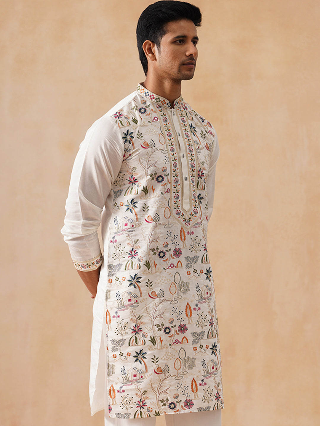 Silk Blend Kurta with Multicolor Embroidery ( KO 5283 White )